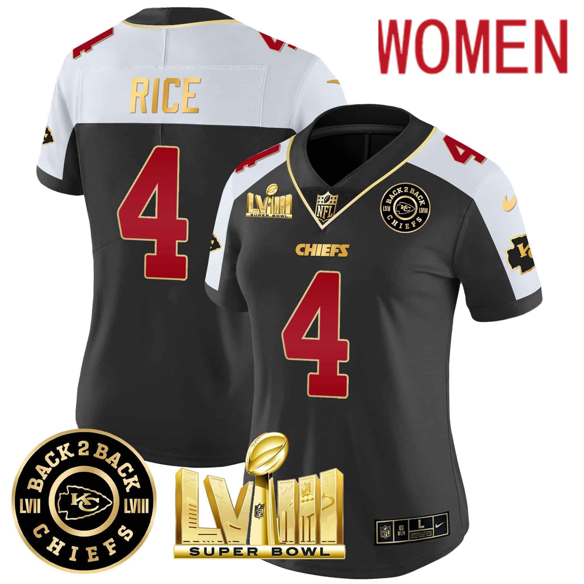Women Kansas City Chiefs 4 Rice Black 2024 Nike Super Bowl LVIII & Back 2 Back Patch Vapor NFL Jersey